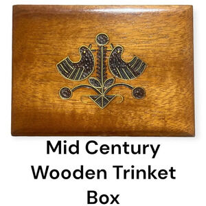 Mid Century Modern cedar trinket box with folk art brass inlay bird carvings